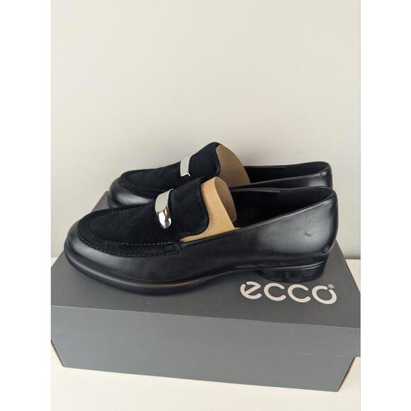 Ecco Sculpted LX Black Leather and Suede Dress Penny Loafers with Silver Accent - Picture 6 of 8